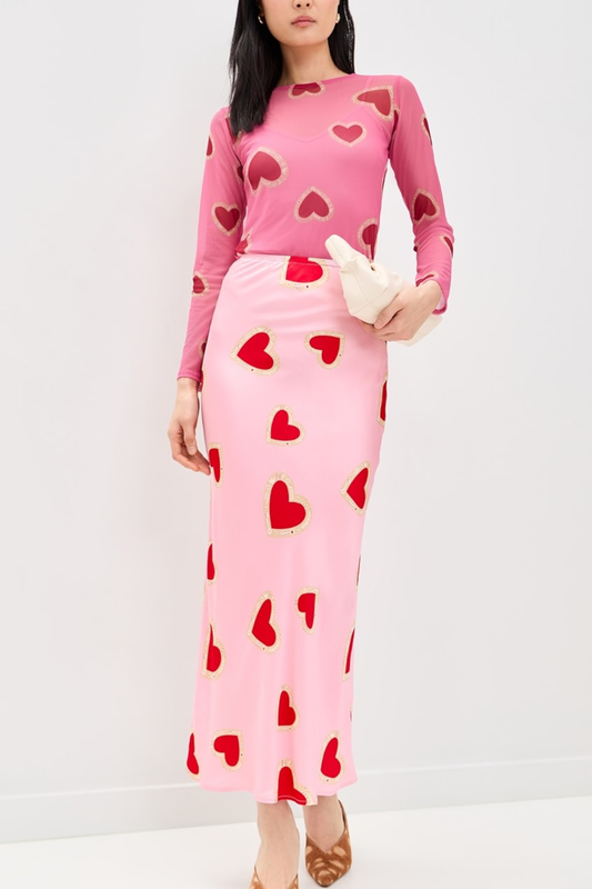 Pink Heart Print Satin Midi Skirt High Waist Slip Skirt