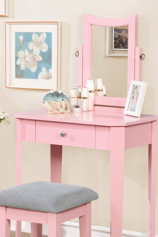 Pink Vanity Table Set with Stool and Mirror