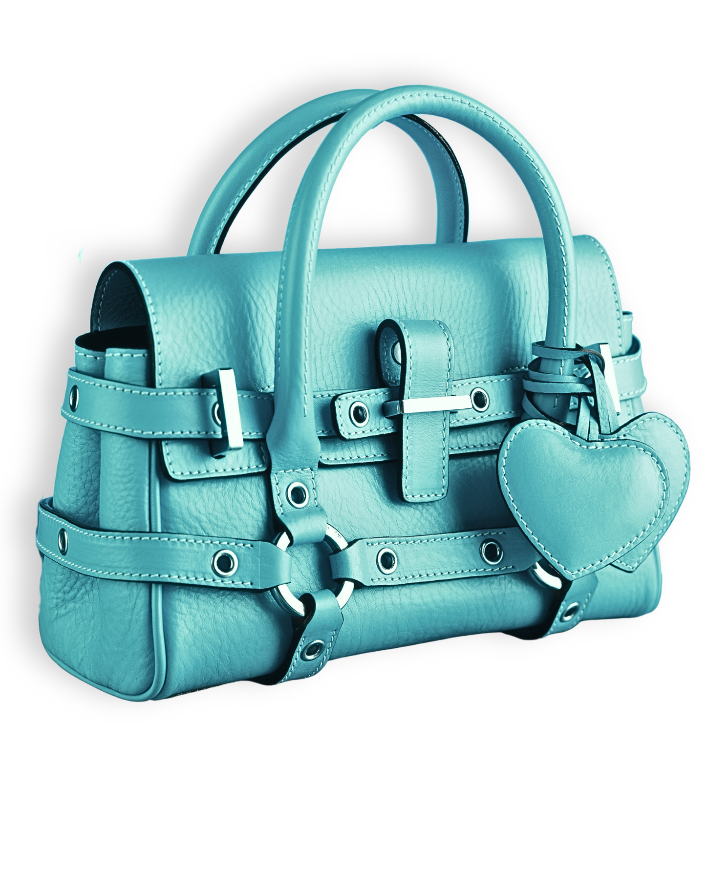 Bright Teal Leather Handbag – Structured Buckle Satchel with Heart Charm