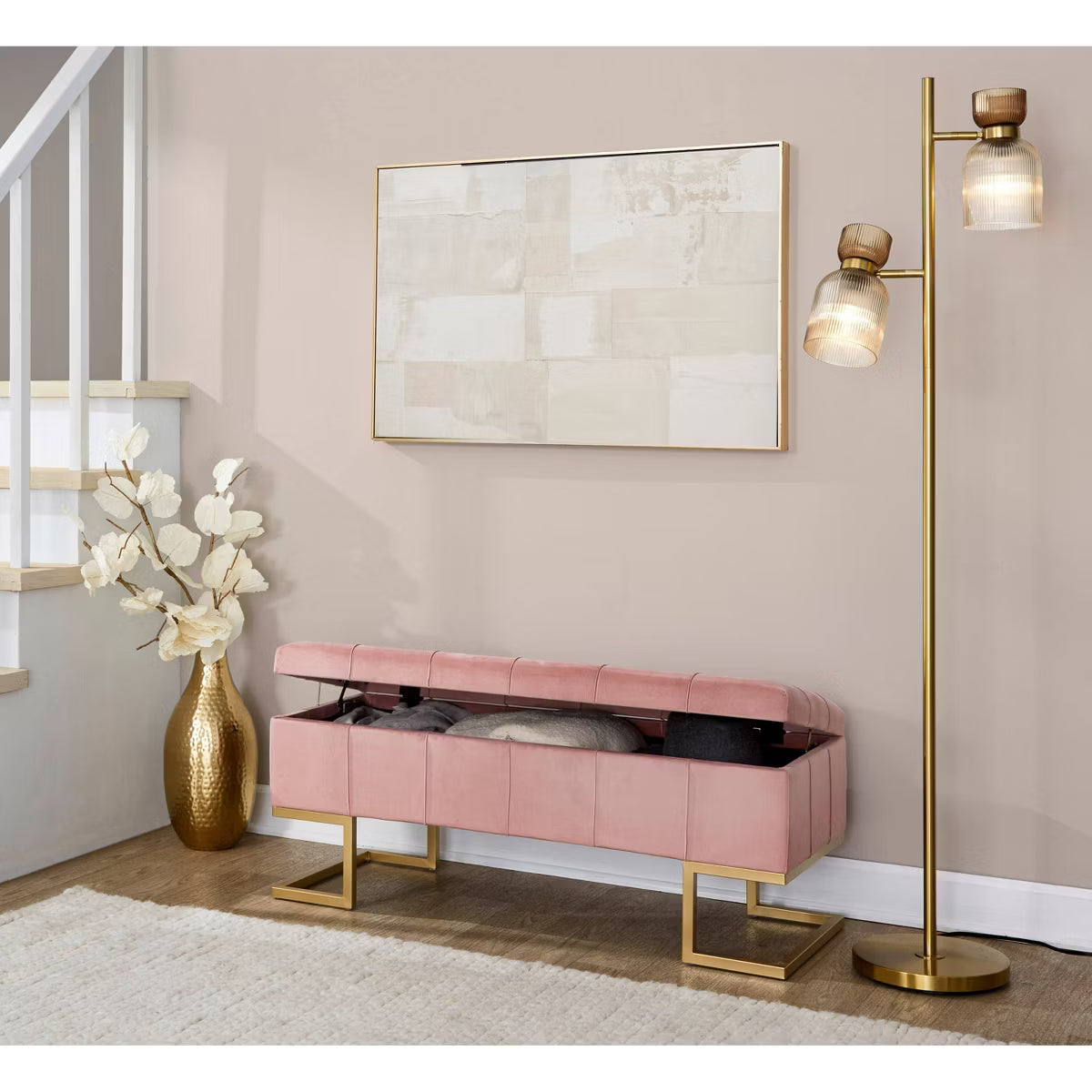 LumiSource Midas Pink Velvet Storage Bench with Gold Legs