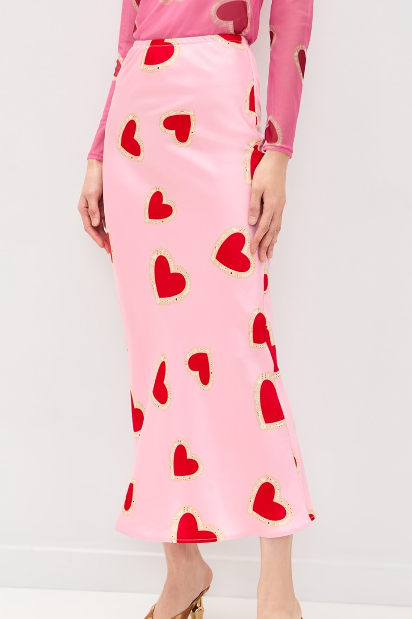 Pink Heart Print Satin Midi Skirt High Waist Slip Skirt