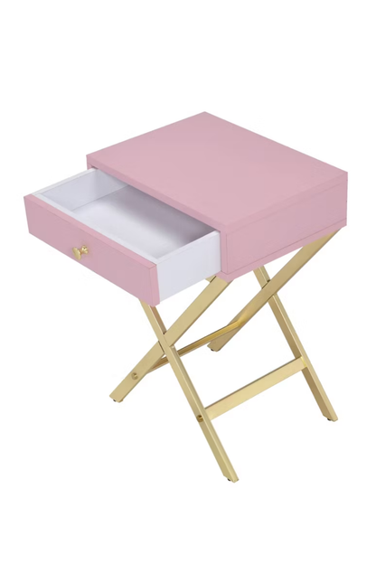 Pink and Gold Accent Table with Drawer – 16 Inch Coleen Side Table