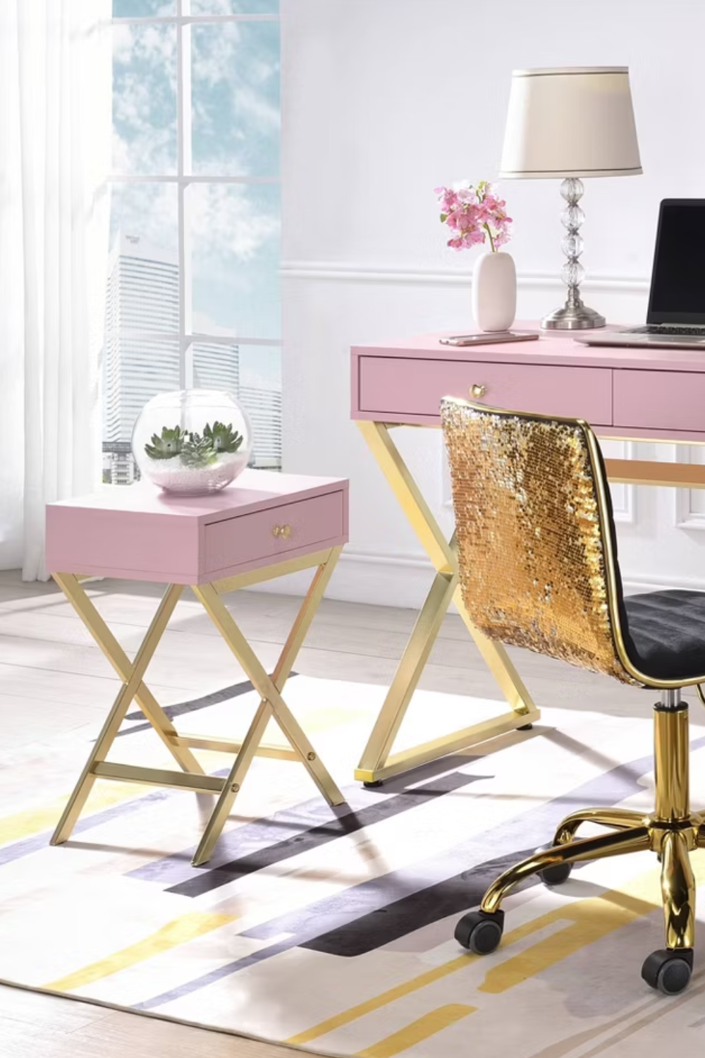 Pink and Gold Accent Table with Drawer – 16 Inch Coleen Side Table