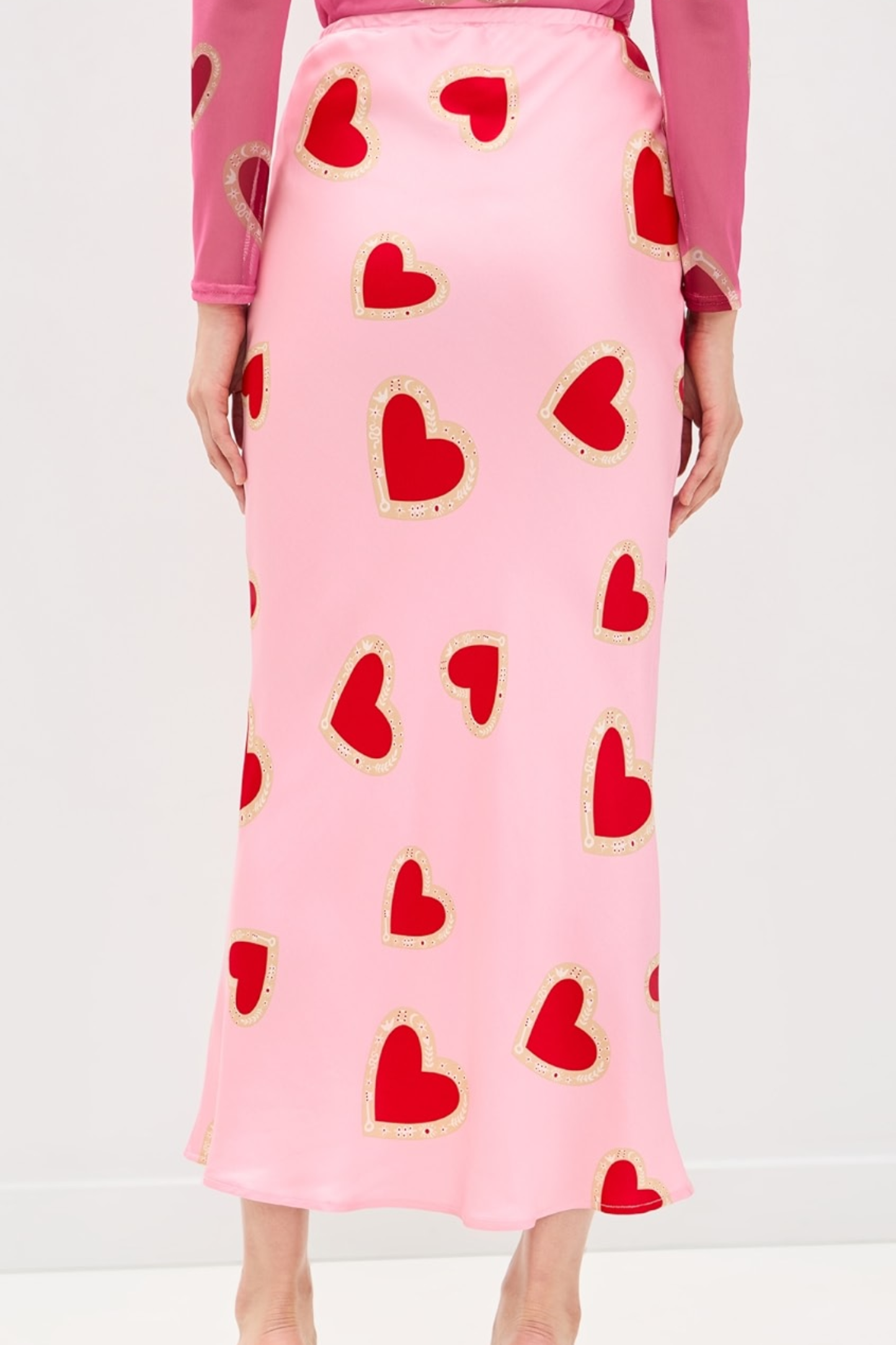Pink Heart Print Satin Midi Skirt High Waist Slip Skirt