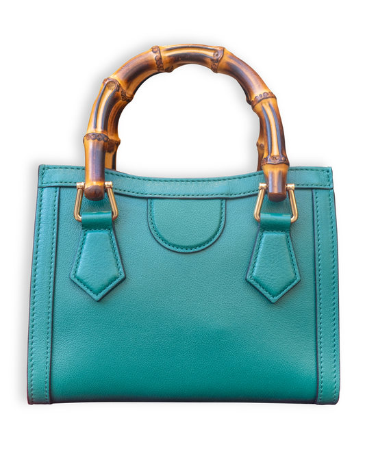 Teal Leather Handbag – Bamboo Handle Structured Tote