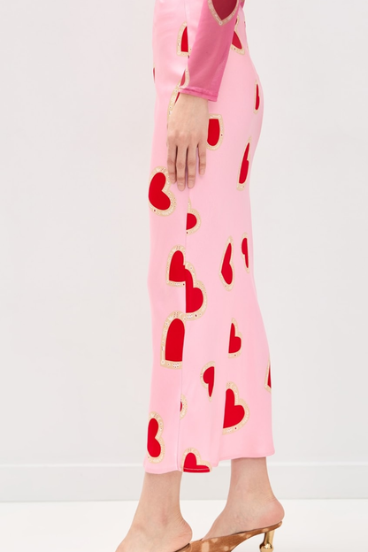 Pink Heart Print Satin Midi Skirt High Waist Slip Skirt