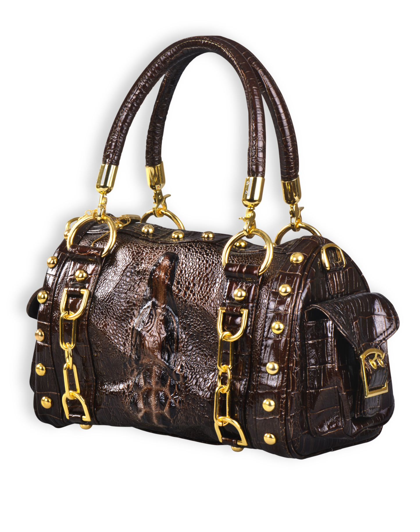 Espresso Luxe Barrel Bag – Croc-Embossed Satchel with Gold Hardware