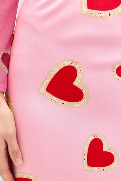 Pink Heart Print Satin Midi Skirt High Waist Slip Skirt