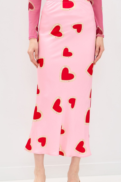 Pink Heart Print Satin Midi Skirt High Waist Slip Skirt