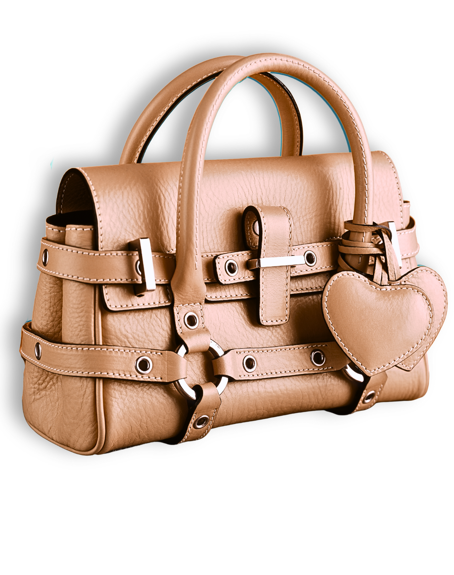 Cognac Buckled Satchel – Structured Vegan Leather Bag with Heart Charm