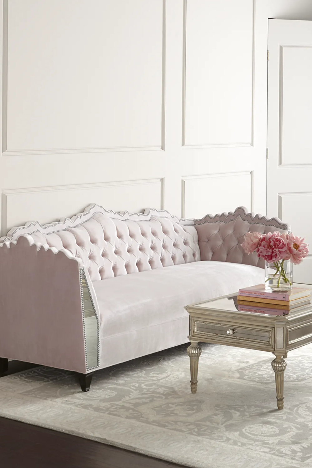Haute House Santiago Mirrored Trim Sofa 88 Inch Blush Upholstered Sofa