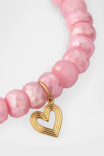 Pink Beaded Gold Heart Bracelet