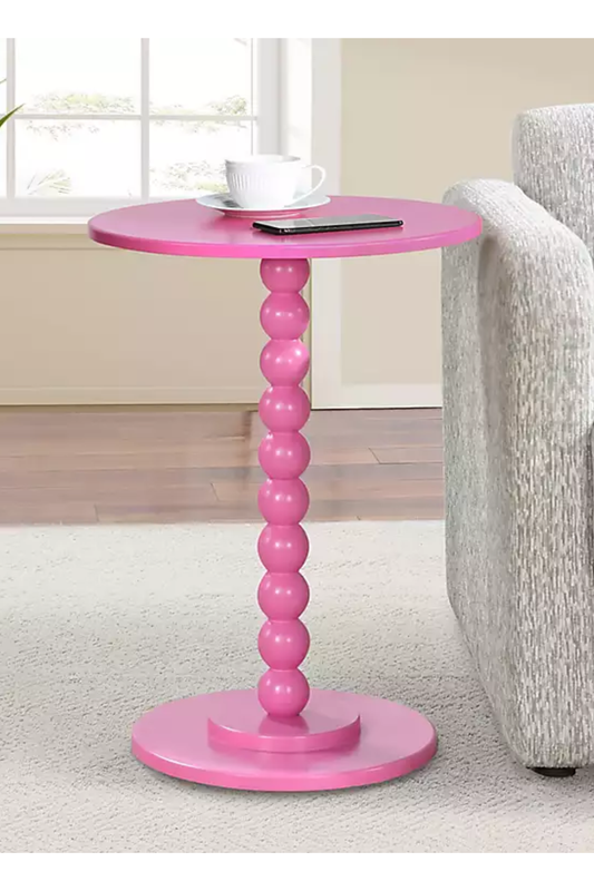 Pink Beaded Spindle Accent Table – Round Side Table