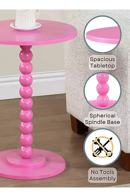 Pink Beaded Spindle Accent Table – Round Side Table