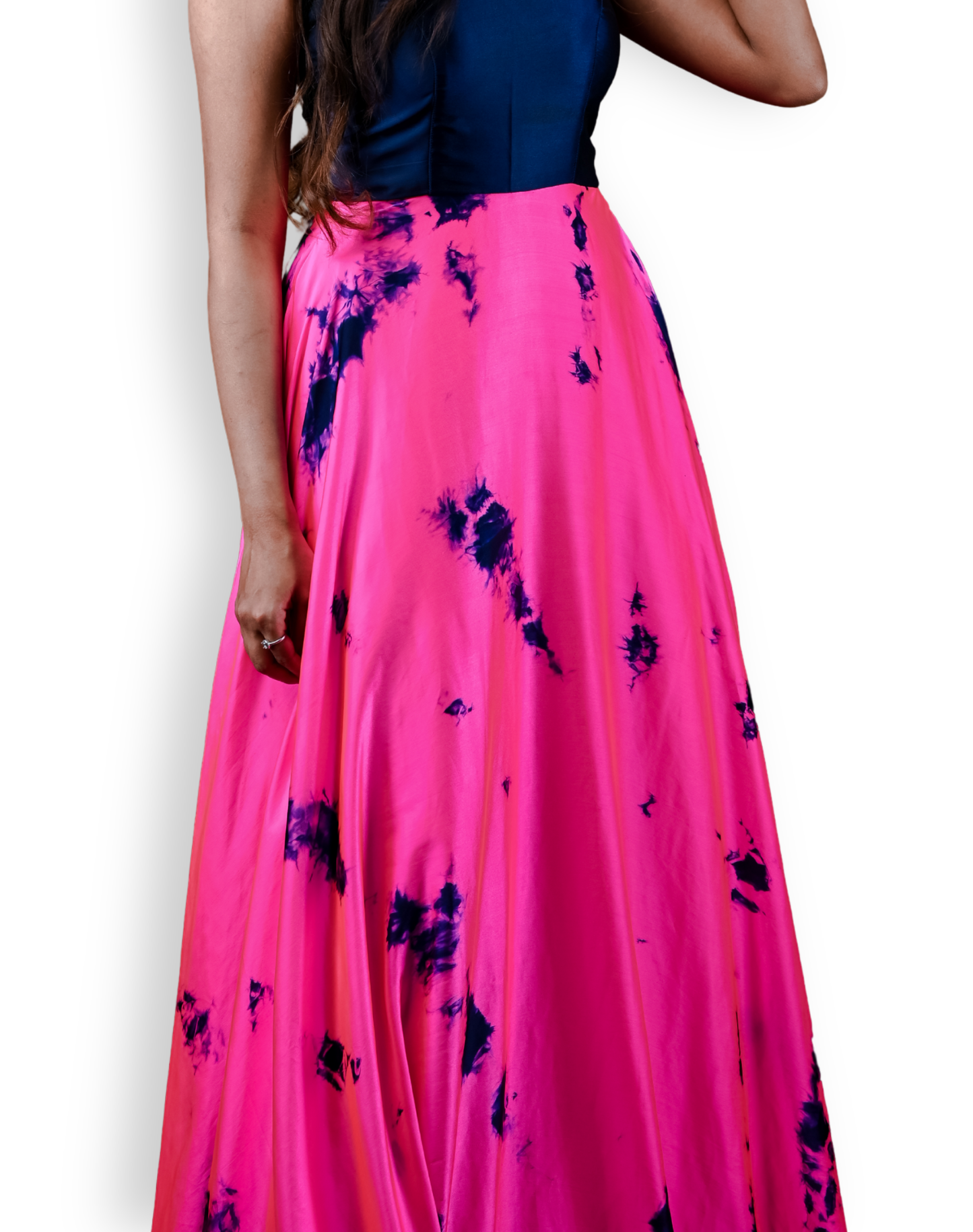 Electric Bloom Maxi Skirt – Fuchsia & Indigo Tie-Dye Satin