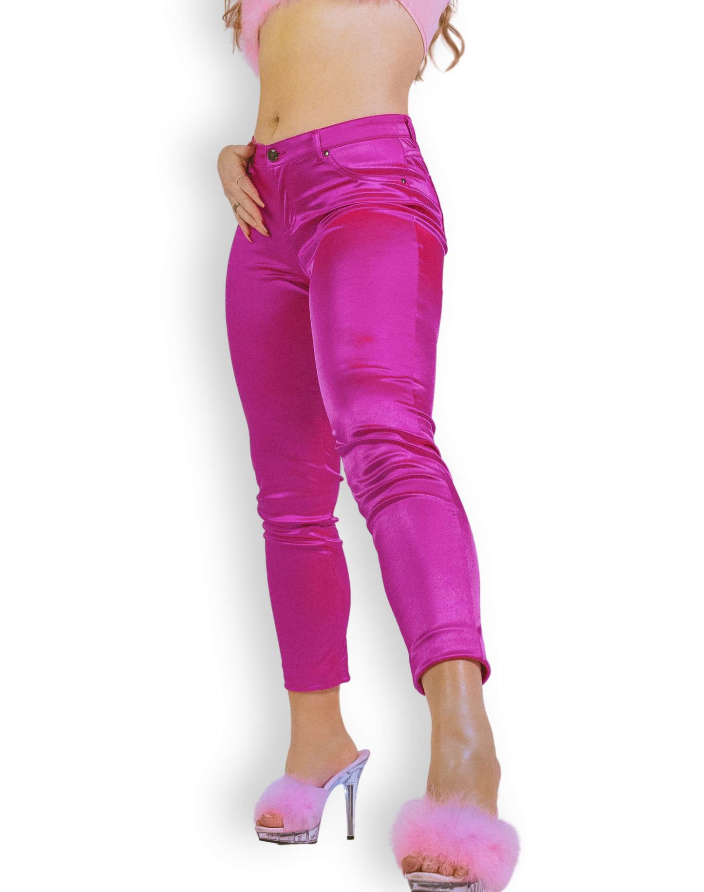 Electric Fuchsia Satin Pants – Glossy High-Rise Skinny