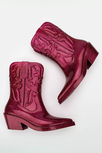 Pink Jelly Cowboy Boots with Glitter Finish