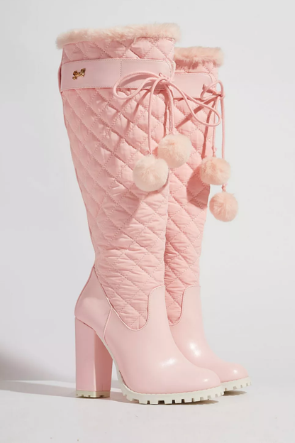Pink Knee High Puffer Boot with Heel