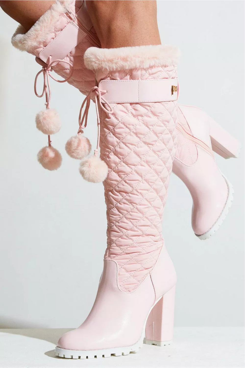 Pink Knee High Puffer Boot with Heel