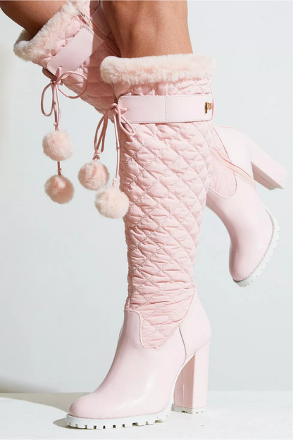 Pink Knee High Puffer Boot with Heel