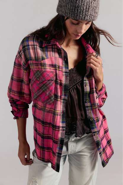 Pink Plaid Flannel Shirt – Free People Vintage Western Button Down Top