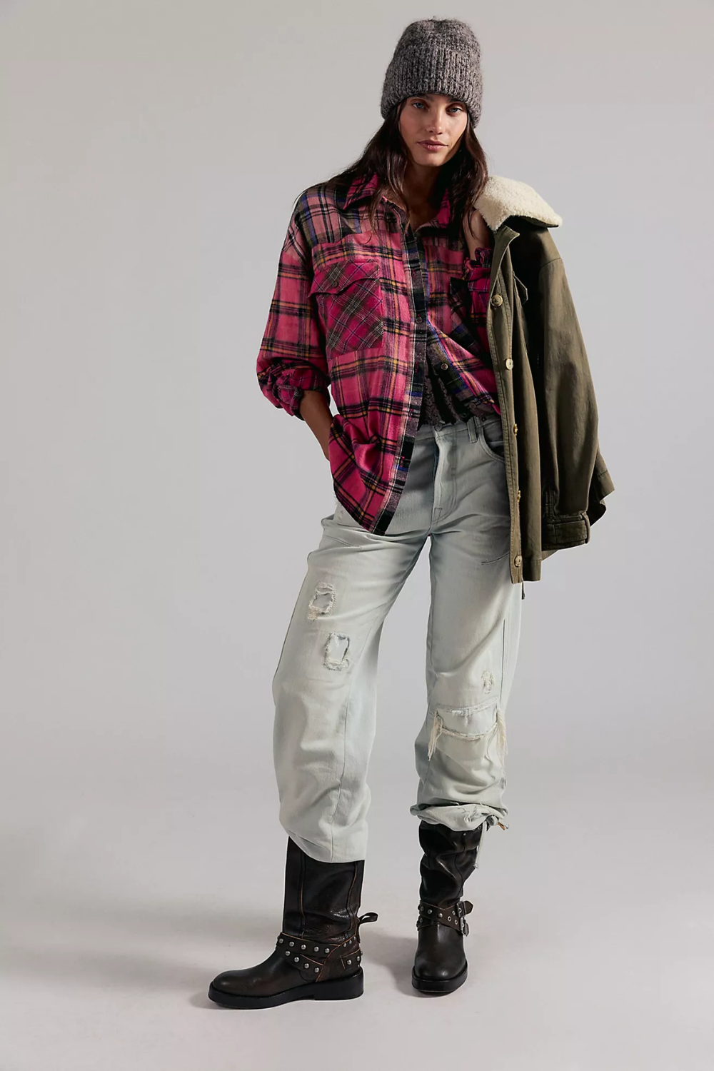 Pink Plaid Flannel Shirt – Free People Vintage Western Button Down Top