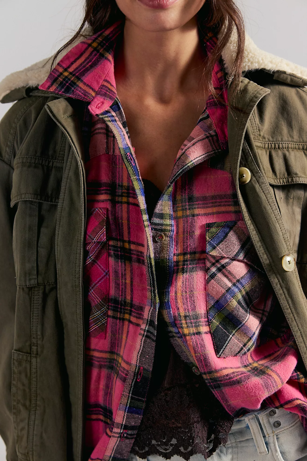 Pink Plaid Flannel Shirt – Free People Vintage Western Button Down Top