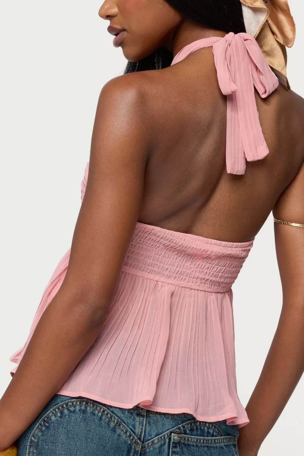 Pink Pleated Chiffon Babydoll Halter Top