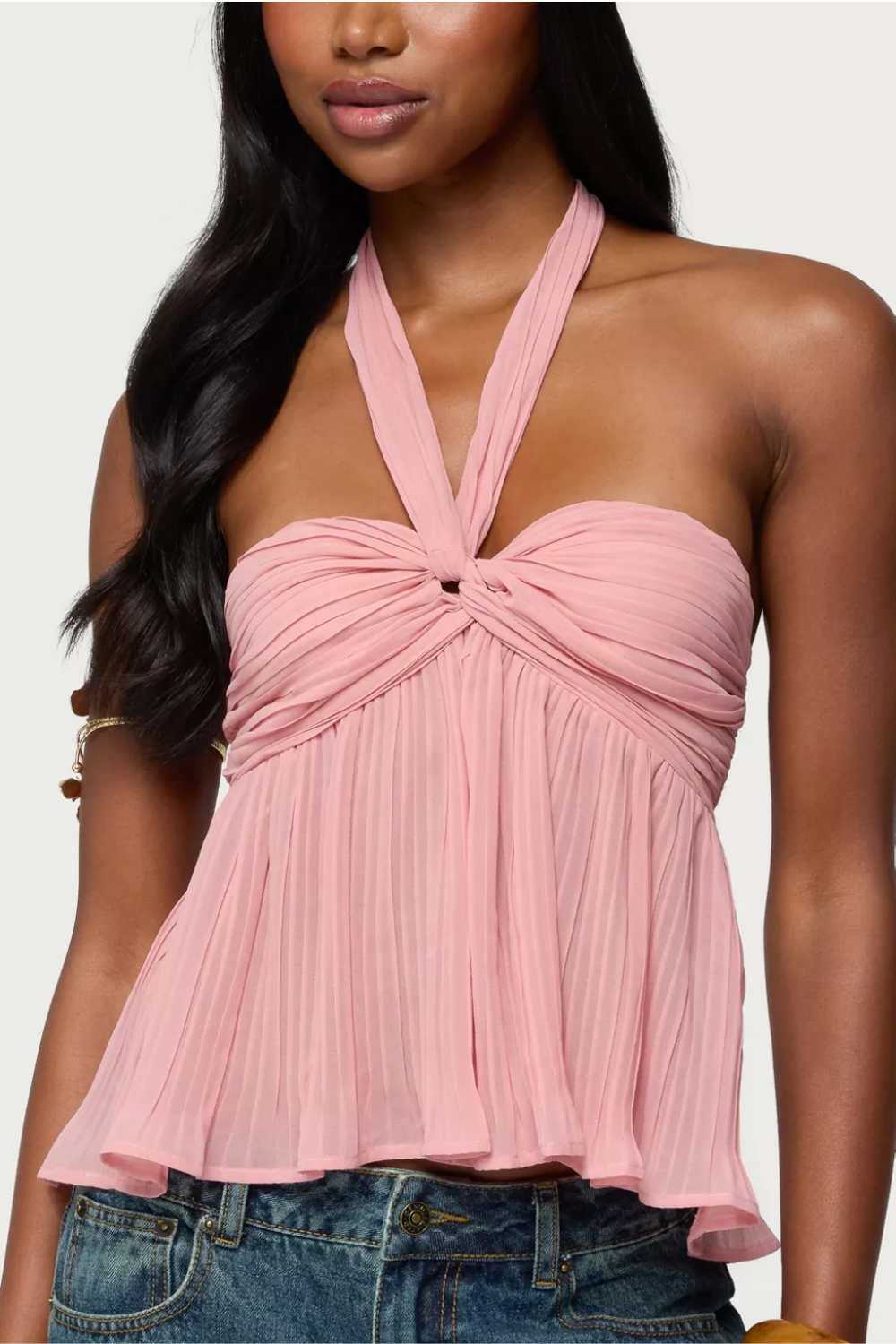 Pink Pleated Chiffon Babydoll Halter Top