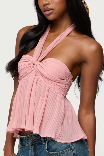 Pink Pleated Chiffon Babydoll Halter Top