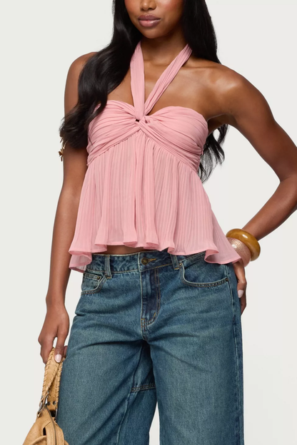Pink Pleated Chiffon Babydoll Halter Top