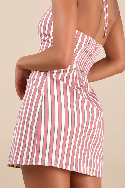 Pink Striped Halter Mini Dress