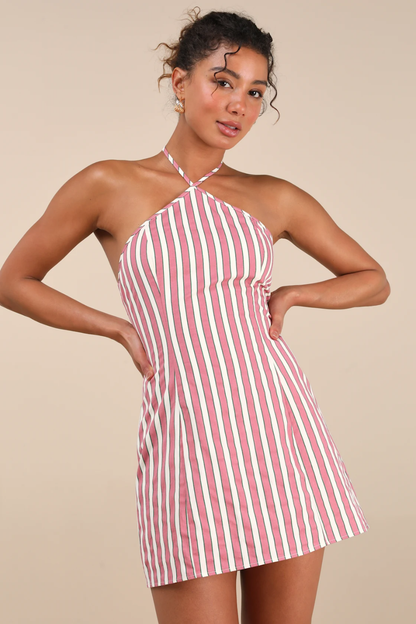 Pink Striped Halter Mini Dress
