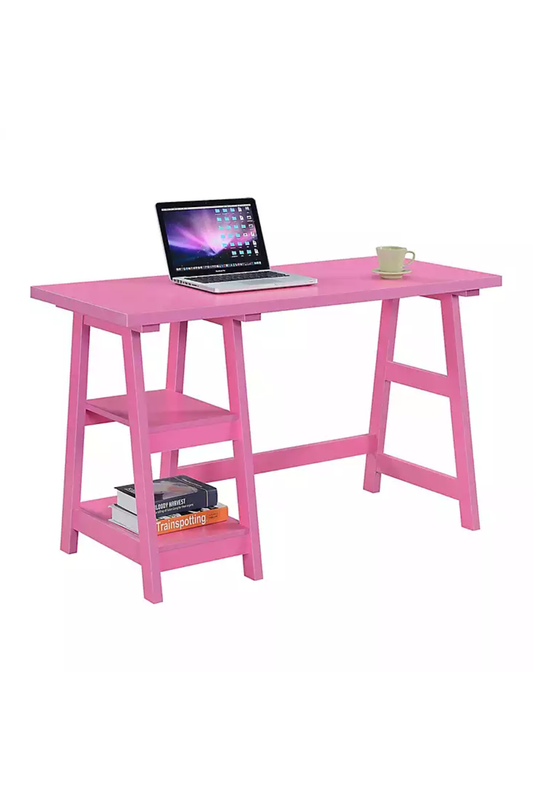 Pink Trestle Desk with Shelves – Stylish Pink Office Desk | Color Obsession