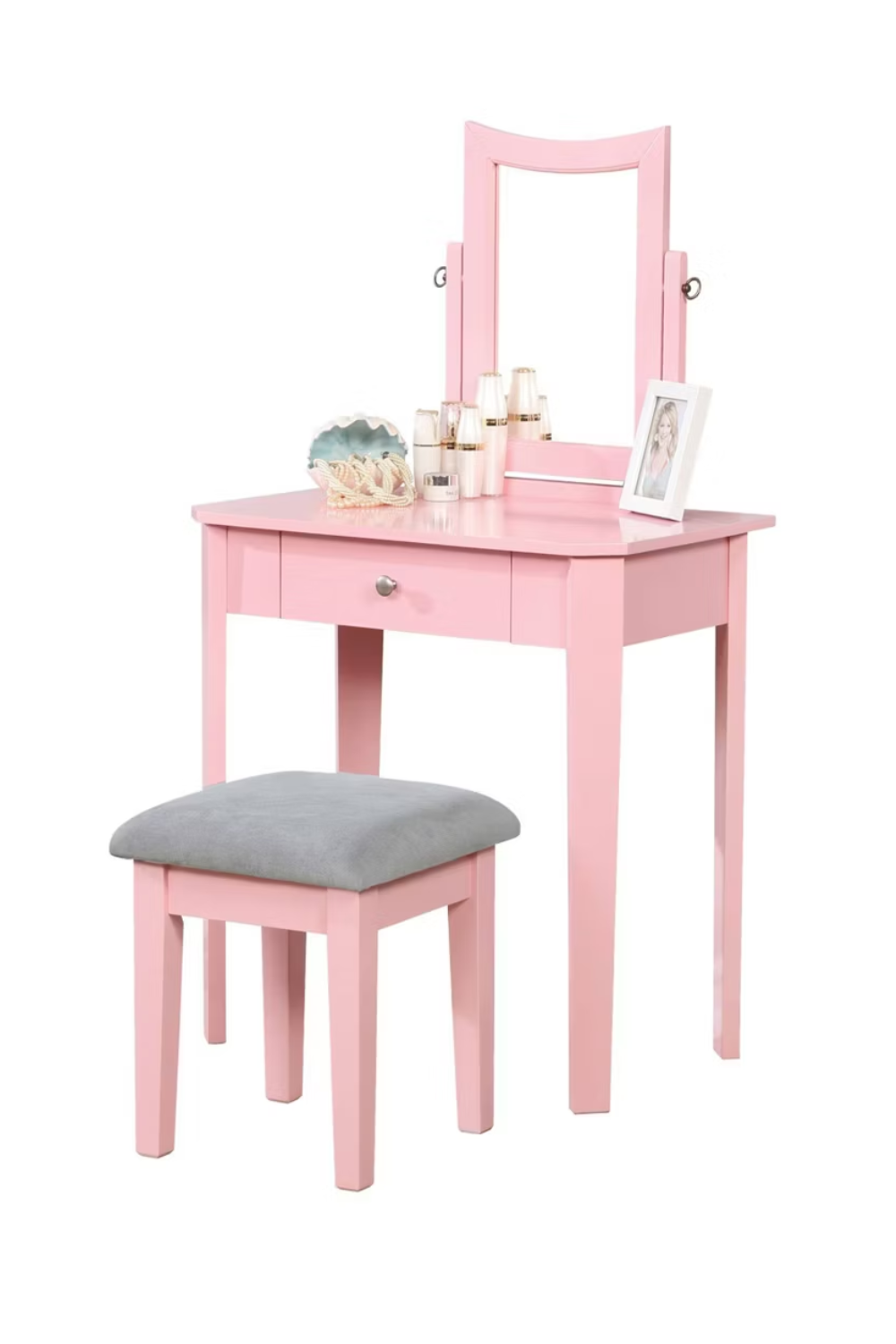 Pink Vanity Table Set with Stool and Mirror