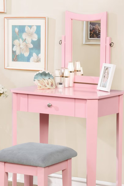 Pink Vanity Table Set with Stool and Mirror