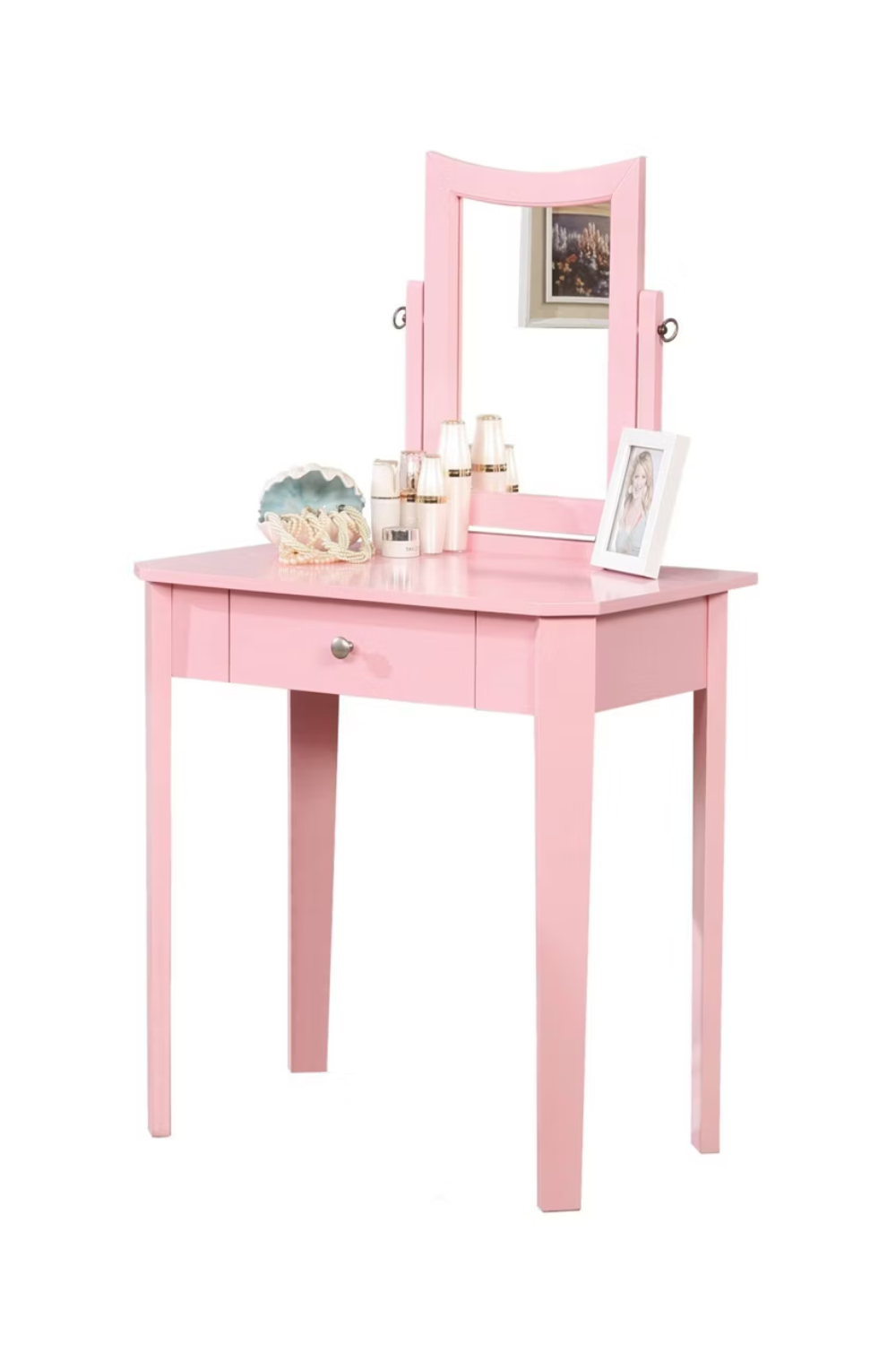 Pink Vanity Table Set with Stool and Mirror