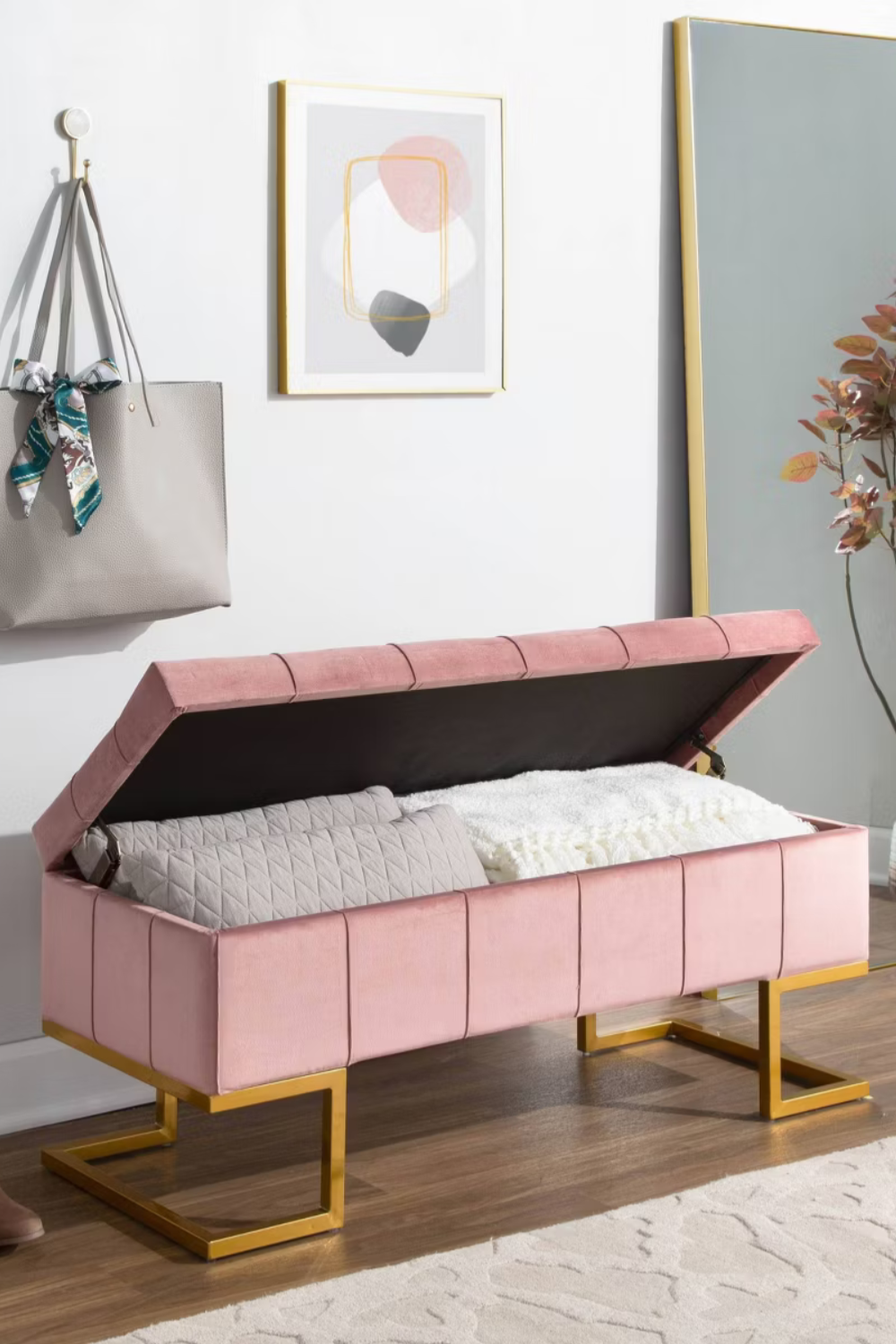 LumiSource Midas Pink Velvet Storage Bench with Gold Legs