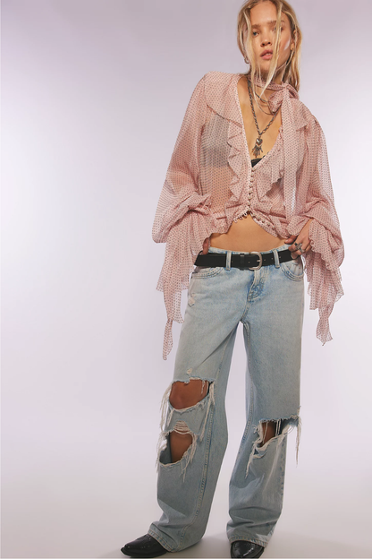 Sheer Ruffled Blouse LoveShackFancy Linette Top in Pink Nude