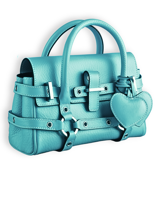 Bright Teal Leather Handbag – Structured Buckle Satchel with Heart Charm