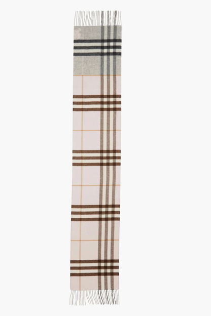 Burberry Jacquard Check Double-Face Cashmere Fringe Scarf – Blush Pink & Grey
