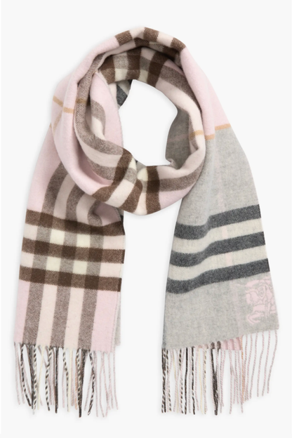 Burberry Jacquard Check Double-Face Cashmere Fringe Scarf – Blush Pink & Grey