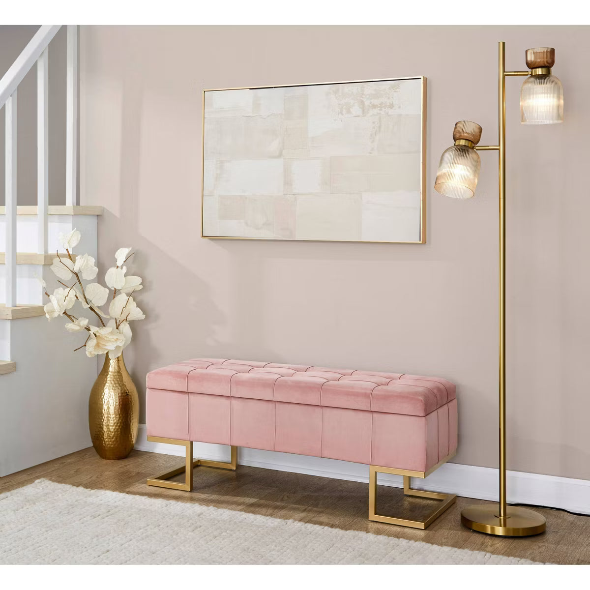 LumiSource Midas Pink Velvet Storage Bench with Gold Legs