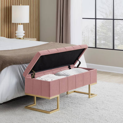 LumiSource Midas Pink Velvet Storage Bench with Gold Legs