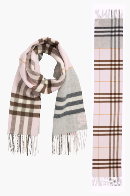Burberry Jacquard Check Double-Face Cashmere Fringe Scarf – Blush Pink & Grey