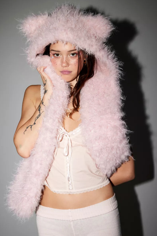 Pink Teddy Faux Fur Hooded Scarf