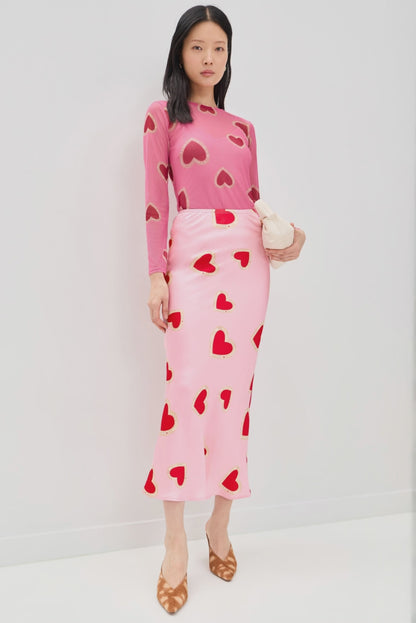 Pink Heart Print Satin Midi Skirt High Waist Slip Skirt